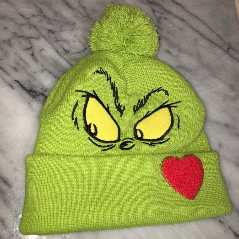 Kids Green Grinch Beanie with Red Heart